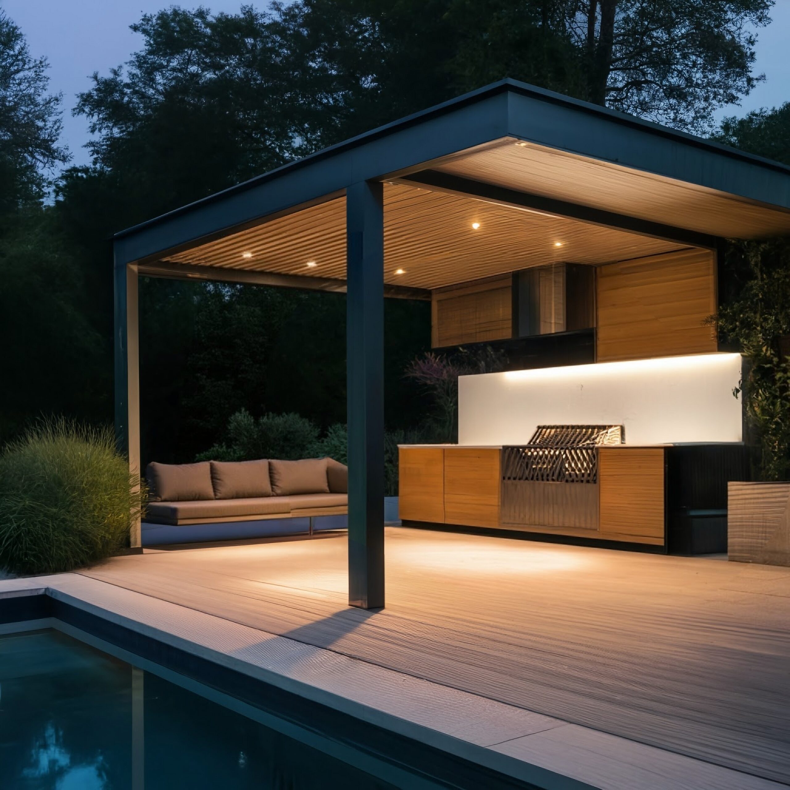 A covered patio with an outdoor kitchen and pool.