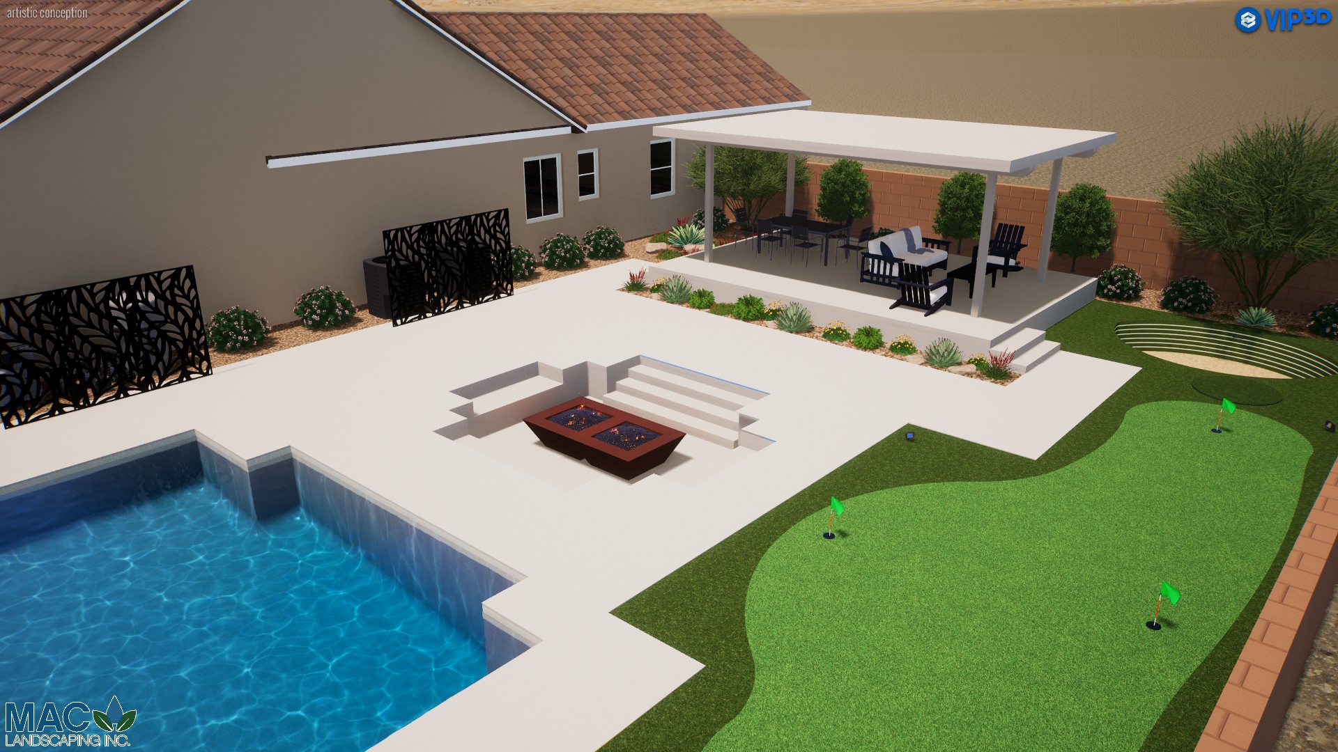 A 3 d rendering of an outdoor living area.